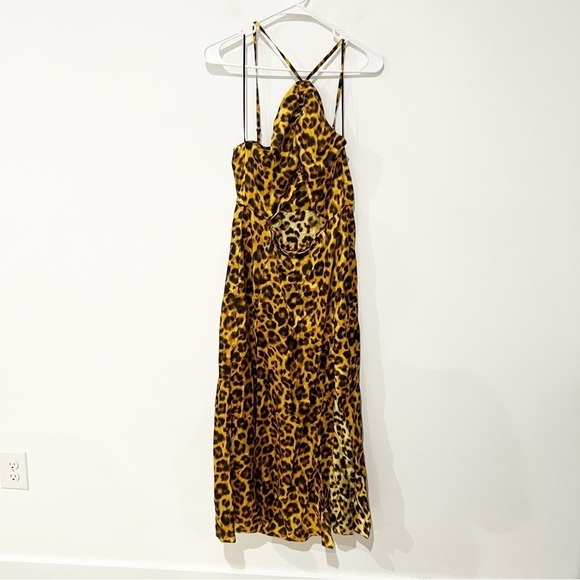 NWT SANDRO Kalinda Leopard Animal Print Slit Cut Out Tie Neck Satiny Dress 38 - Picture 15 of 15